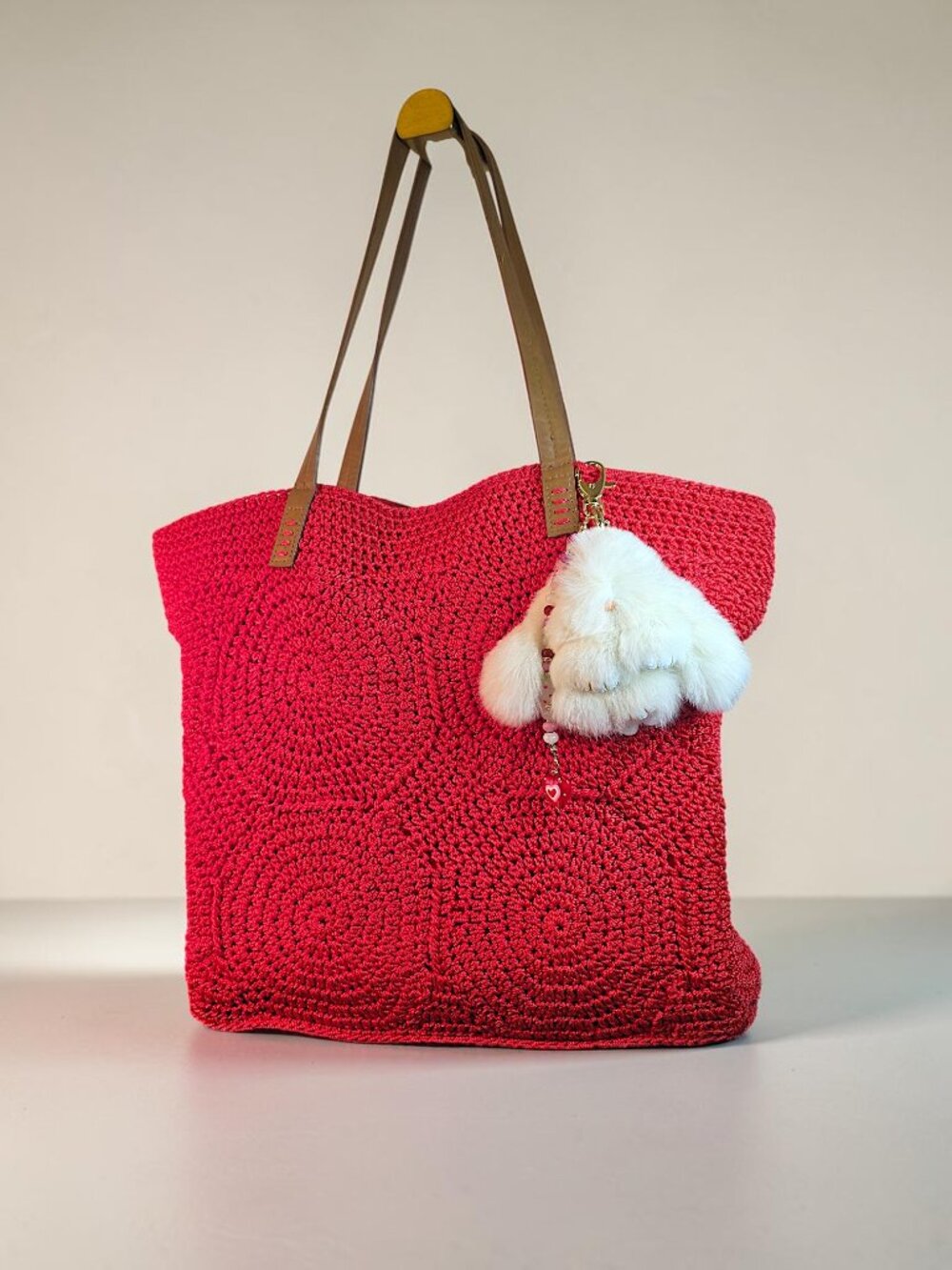 Crocheted Sun-Ripened Red Tote with Furry White Bunny Bag Charm by Sonoma  NWT